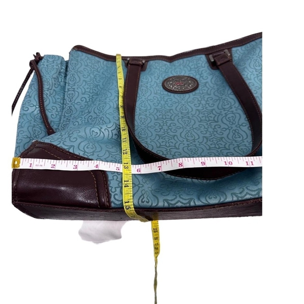 Reba Teal Dark Brown Trim Patterned Zip Sholder Bag Tote *see imperfections - Picture 9 of 15